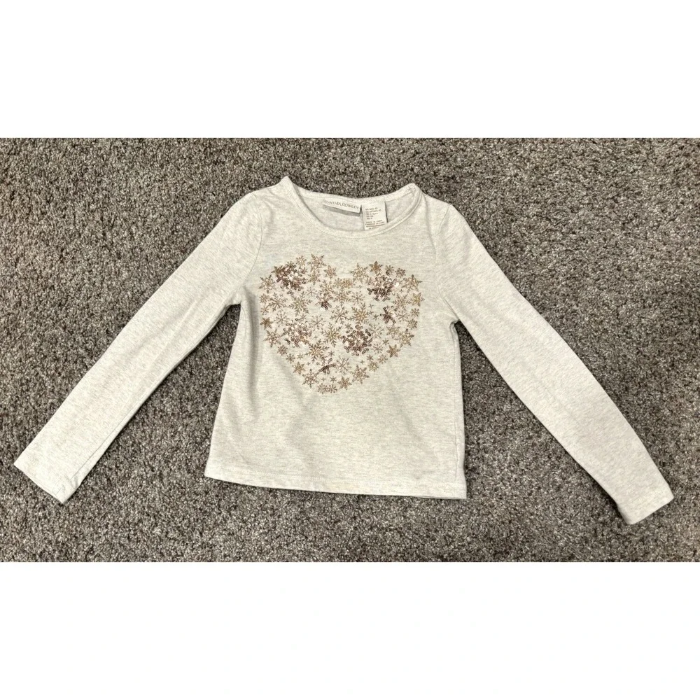 Cynthia Rowley Girls Sz 5/6‎ Youth Gold Heart Sequin Snowflake Long Sleeve Shirt